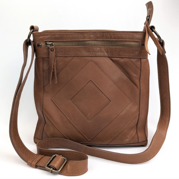Lucky Brand Maka Boho Patchwork Leather Crossbody Purse Adjustable Strap Cognac - Picture 1 of 15